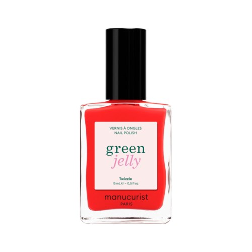 A red nail polish bottle labeled green jelly by Manucurist, with a black cap.