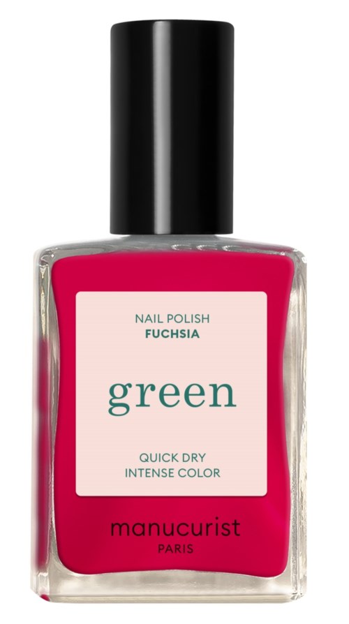 A bottle of pink nail polish with a black cap, labeled 'green' and 'manucurist Paris'.