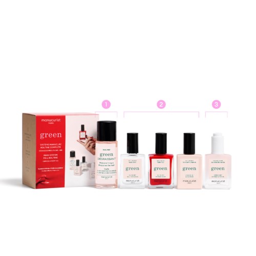 A set of five skincare bottles with labels, a box with red and white design, and a hand holding a small bottle.