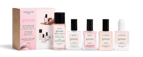 A set of skincare products in bottles, including a box, with pink and white labels, and black caps.