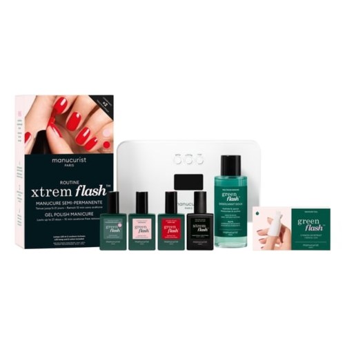 Display of nail care products, including nail polish, gel, and remover, on a white surface.