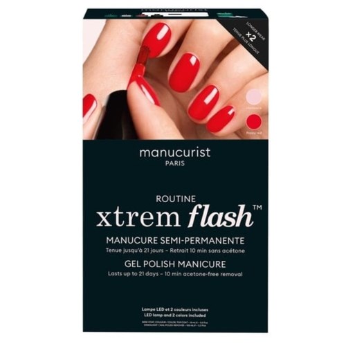 A manicure gel kit with red nail polish, includes LED lamp and two colors for semi-permanent nails.