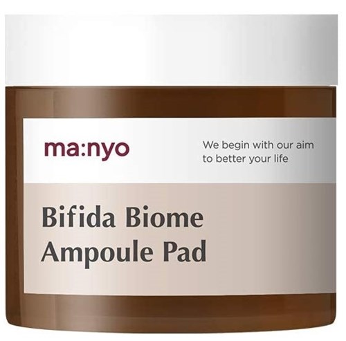 Het product is een Bifida Biome Ampoule Pad van het merk manyo, in een bruin en wit container.