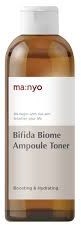 Eine braune Flasche mit einem weißen Etikett, auf dem 'ma:nyo Bifida Biome Ampoule Toner' steht, für Hautpflege.
