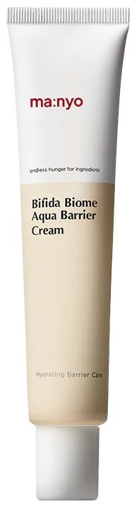 Witte en beige tube met label 'Bifida Biome Aqua Barrier Cream' van merk 'ma:nyo'.