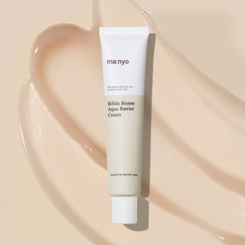 Witte tube huidverzorgingscrème met label 'manyo Bifida Biome Aqua Barrier Cream' met beige crème eromheen.