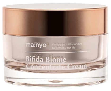 Een heldere pot met een gouden deksel bevat Manyo Bifida Biome crème. De pot heeft witte tekst.