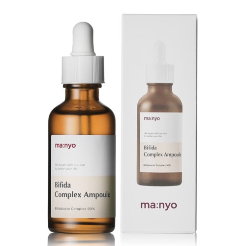 Bruine glazen druppelfles en doos voor Bifida Complex Ampoule met wit label en druppelkap.