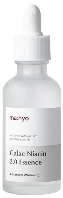 Kleine witte fles met pipetdop, gemerkt "Galac Niacin 2.0 Essence" voor huidverlichting.
