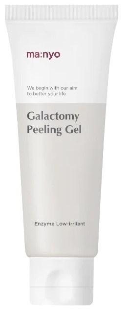 Een witte tube met Galactomy Peeling Gel met eenvoudige label, waarin het wordt beschreven als een enzym laag-irriterend product.