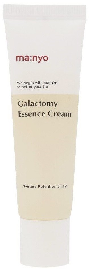 Een tube met crème met de label 'Galactomy Essence Cream' in wit en beige.