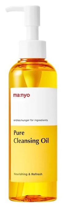 Eine klare Flasche mit Pumpspender, enthält gelbe Öl, mit dem Label 'Pure Cleansing Oil' von manyo, zur Hautreinigung.