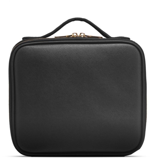 Een zwarte, rechthoekige laptoptas met handvat bovenop, ritsluiting en een eenvoudig, strak ontwerp.