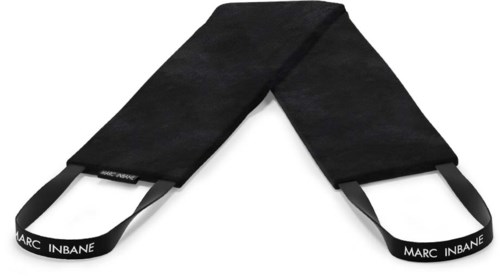 A black neck strap with cushions and the brand name Marc Inbane on the ends.