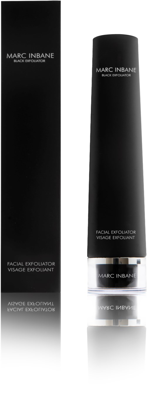 A black facial exfoliator tube and matching box, with white text, standing against a white background.