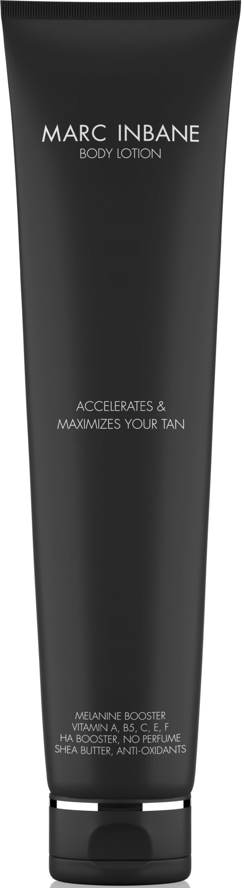 A black tube of Marc Inbane body lotion that claims to accelerate and maximize tanning.