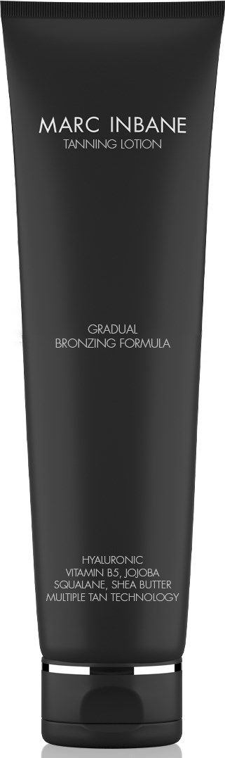 A black tube of Marc Inbane tanning lotion with text about ingredients and technology.
