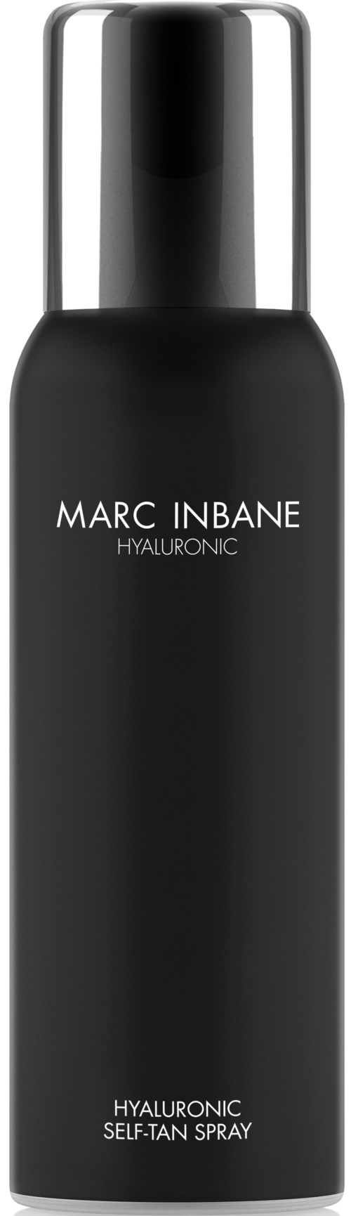 A black bottle labeled 'Marc Inbane Hyaluronic,' likely a skincare product, with a silver cap.