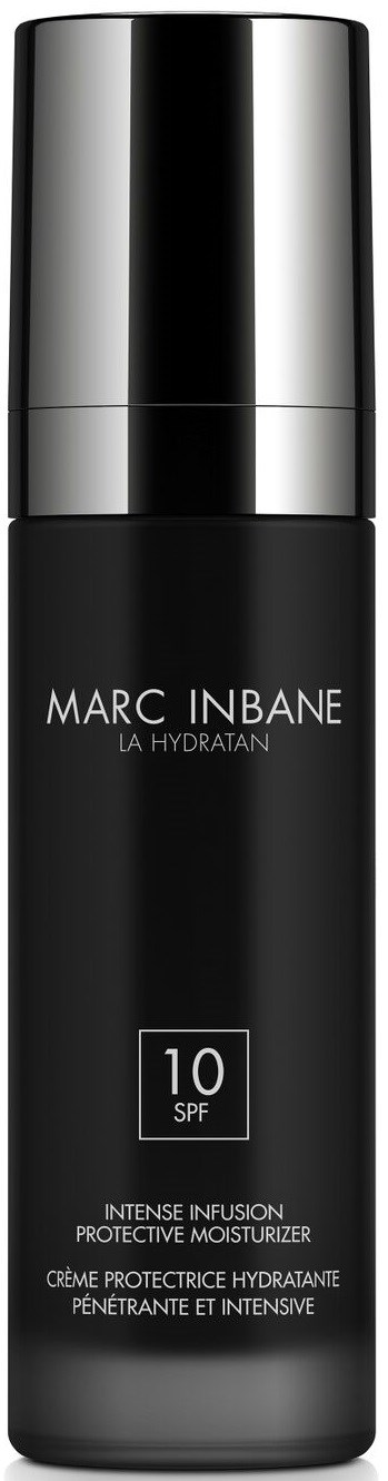 A black and silver bottle of Marc Inbane skincare with SPF 10, labeled as an intensive protective moisturizer.