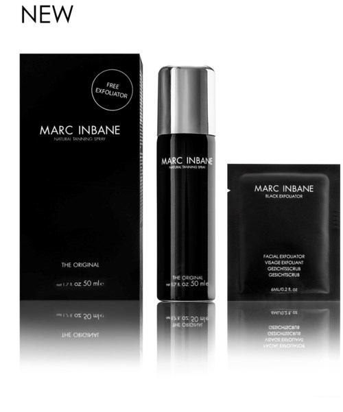 A skincare set with exfoliator creams and spray in black bottles and boxes.