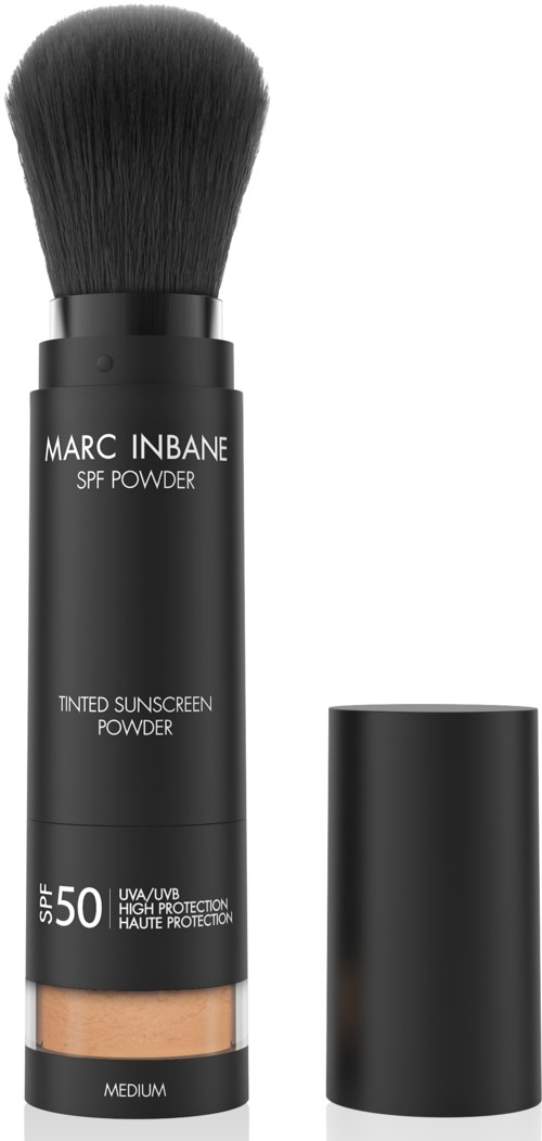 A black tube of Marc Inbane SPF 50 tinted sunscreen powder with a brush and a separate cap.