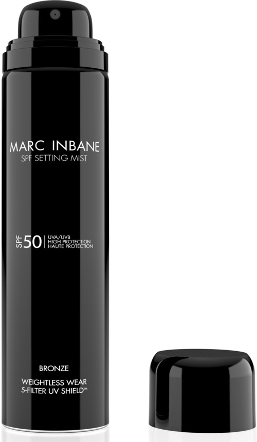 A black spray bottle of Marc Inbane setting mist with SPF 50 protection and a black cap.