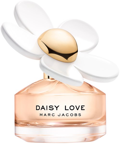 Een parfumfles met een witte bloem en een gouden centrum bovenop, gelabeld Daisy Love door Marc Jacobs.