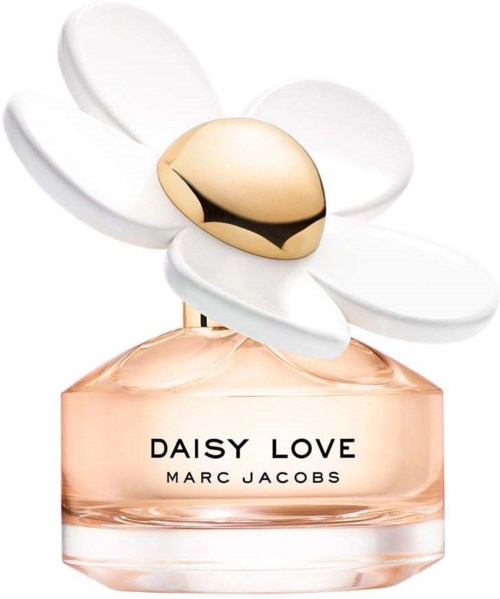 Een parfumfles met de naam Daisy Love van Marc Jacobs, met een witte bloem en gouden accent bovenop.
