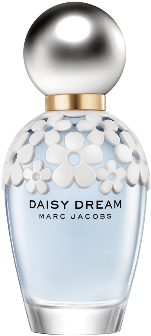 Een parfumfles met bloemenontwerp, zilveren dop en label 'Daisy Dream' van Marc Jacobs.