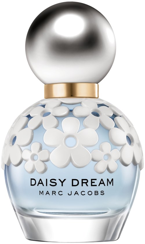Een parfumfles met een parelmoer top, versierd met witte bloemen en gelabeld 'Daisy Dream' door Marc Jacobs.