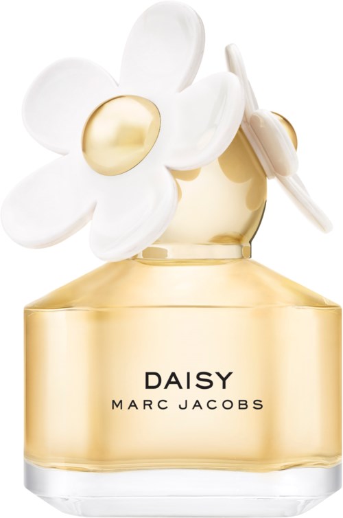 En guldfärgad parfymflaska märkt Daisy av Marc Jacobs med en vit blomma som topp.