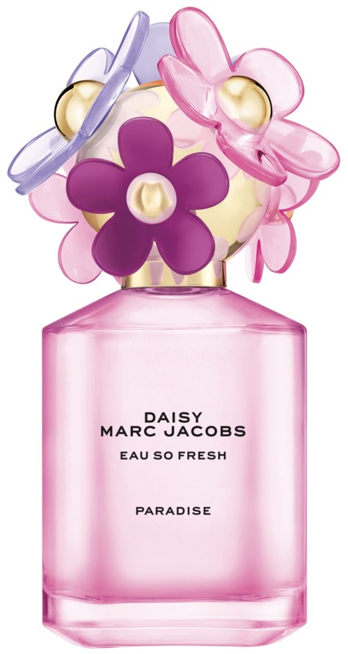 En rosa parfymflaska med lila, rosa och krämfärgade blomsterdekorationer på locket. "Daisy Marc Jacobs Eau So Fresh Paradise" står på framsidan.