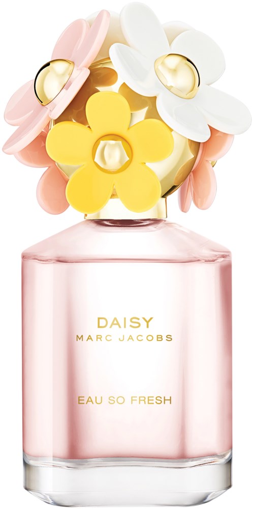 En rosa parfymflaska med färgglada, blomformade dekorationer på toppen och guldaccenter, märkt Daisy Eau So Fresh.