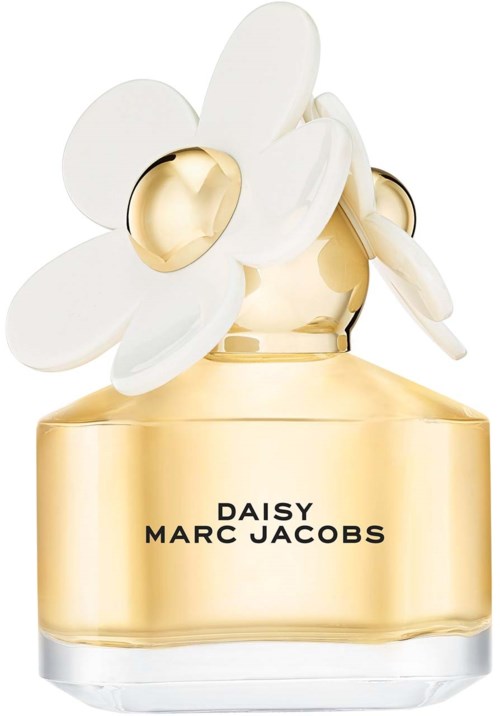 Een parfumfles met grote witte bloemen en gouden accenten, label Daisy door Marc Jacobs.