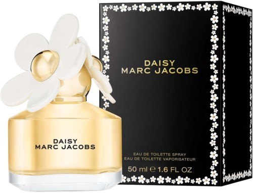 Een parfumfles in de vorm van een madeliefje met een zwart doosje versierd met witte bloemen, labeled Daisy Marc Jacobs.