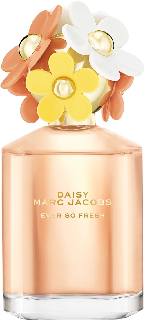 Een parfumfles met kleurrijke bloemen op de dop, gelabeld Daisy Marc Jacobs, Ever So Fresh.
