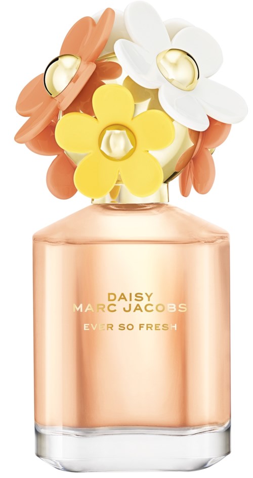 Een parfumfles met pastelgekleurde bloemen erboven, gemerkt Daisy Marc Jacobs, Ever So Fresh.