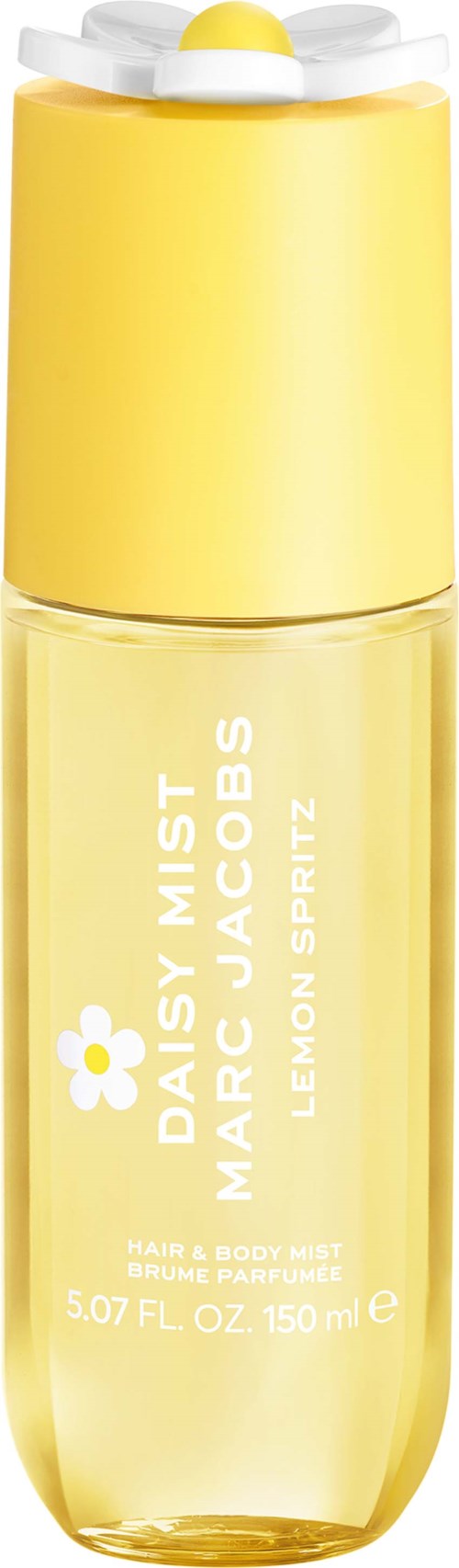 Yellow spray bottle with white cap, labeled Daisy Mist by Marc Jacobs Lemon Surfin, for hair and body care.