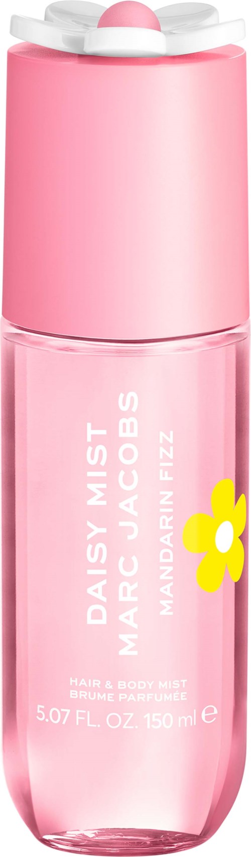 Pink spray bottle of Daisy Mist fragrance with a yellow flower design and white cap.