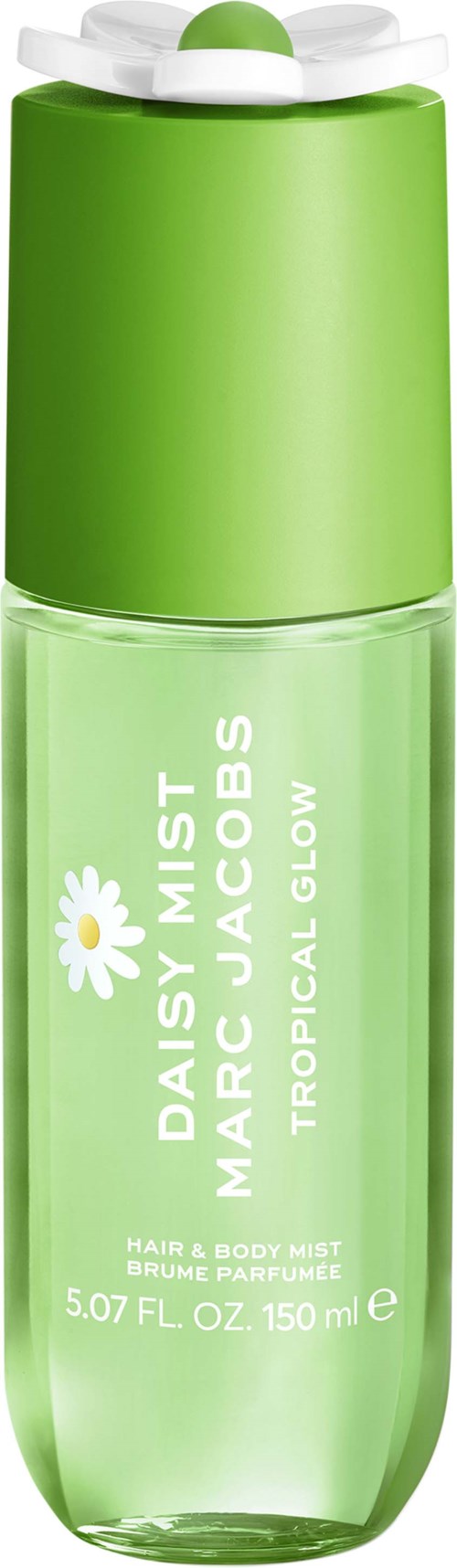 Green plastic spray bottle for Daisy & Mist Tropical Glow hair & body mist with white daisy logo, 150 ml capacity.