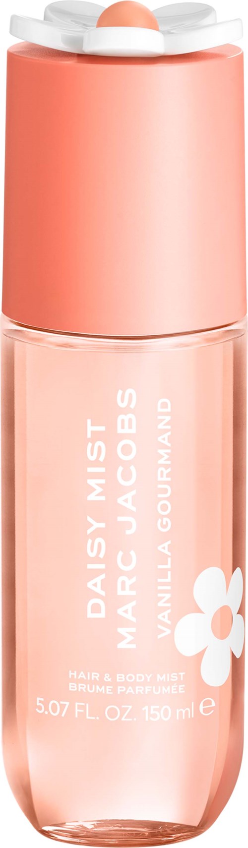 Light pink spray bottle with white flower and text for Daisy Mist vanilla and macadamia fragrance.