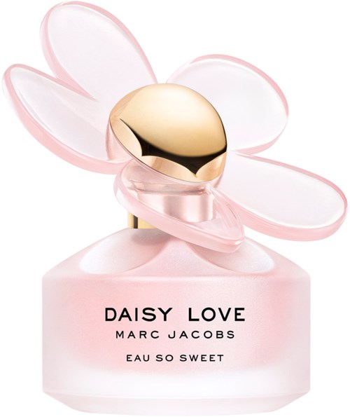 Een parfumfles in de vorm van een roze bloem met gouden dop en doorzichtig blad. Het is gelabeld "Daisy Love".
