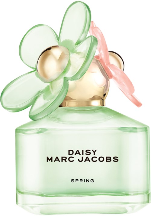 Hajuvesipullo, jonka korkki on kukkamuotoinen, pastellisävyjä ja teksti Daisy Marc Jacobs Spring pullossa.