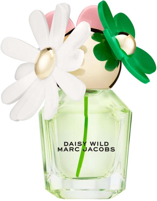 Een parfumfles met bloemen in wit, groen en roze, bevestigd aan de bovenkant.