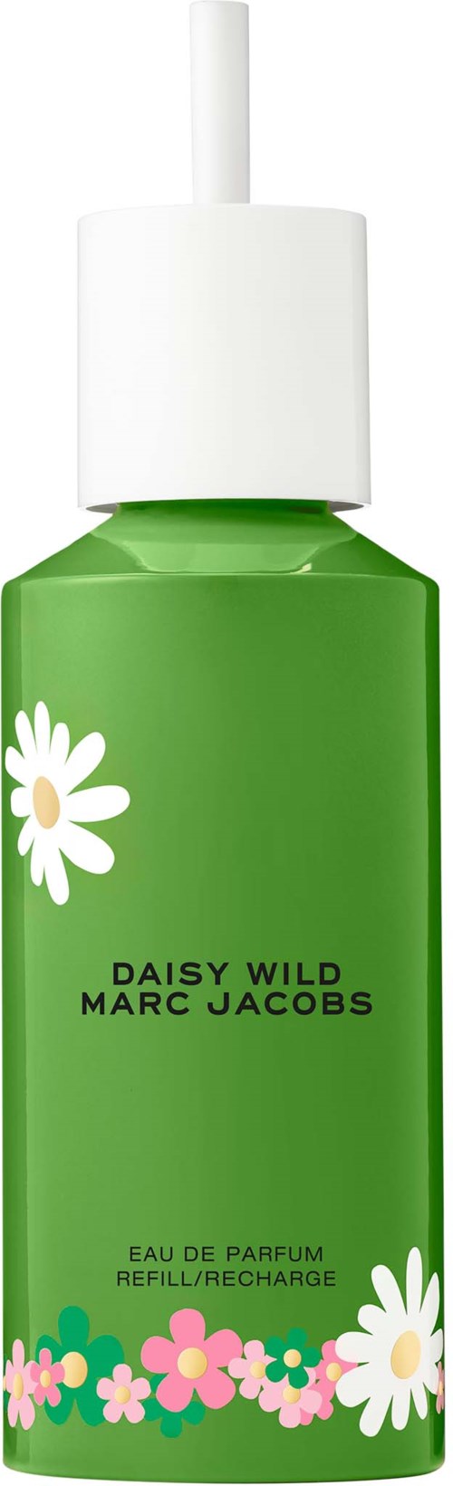 Een groene parfumfles met witte dop en bloemendesign onderaan. Het label zegt "Daisy Wild" door Marc Jacobs.