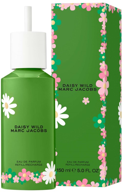 Een groene parfumfles met een witte dop en bloemenontwerp, samen met een bijpassend groene doos met roze en witte bloemen.