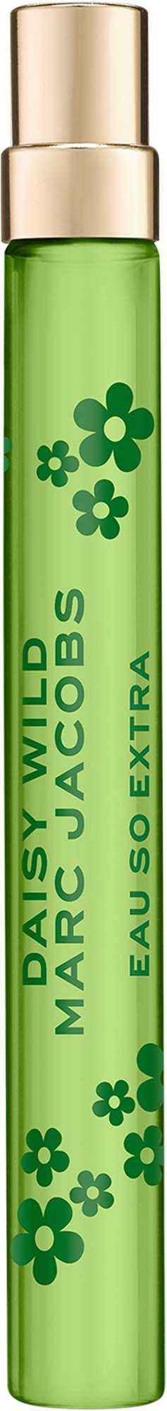 Een groene parfumroller met gouden dop en bloemendessin, gelabeld Daisy Wild Marc Jacobs Eau Extra.