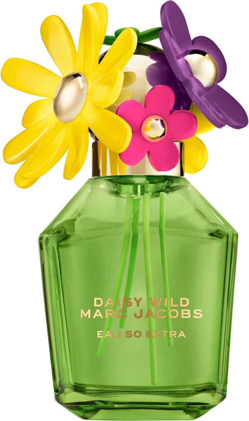Lichtgele, paarse en roze plastic bloemen in een groene parfumfles. Bloemvormen geven een speelse uitstraling.