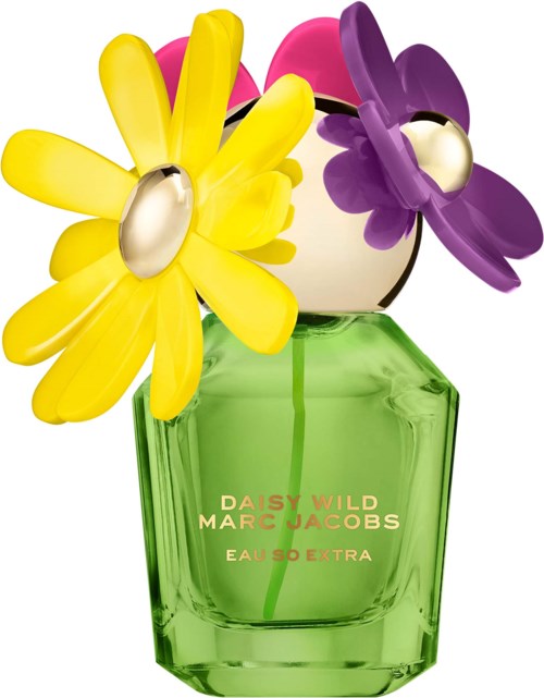 Een groene parfumfles met kleurrijke bloemvormige doppen bovenop, gemerkt Daisy Wild door Marc Jacobs.