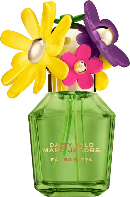 Heldere gele, roze en paarse bloemvormige objecten in een groene fles.
